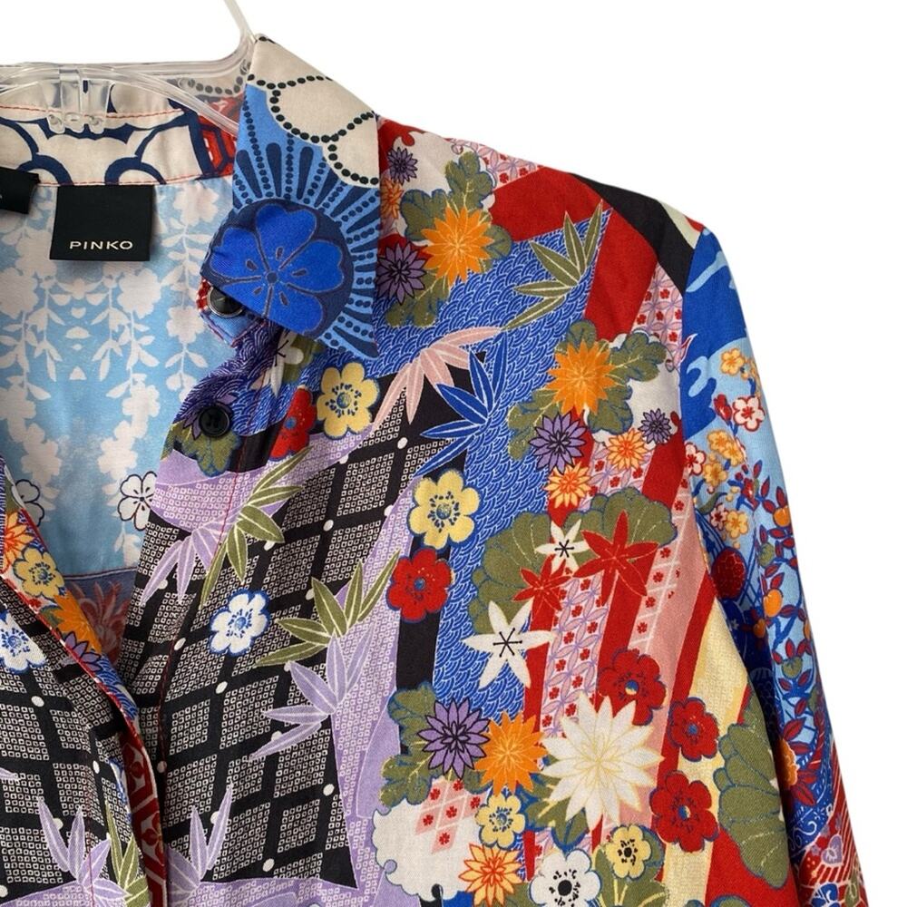 Pinko Casper Button Down Blouse size 2 Red Blue Print Long Sleeve - Picture 4 of 12